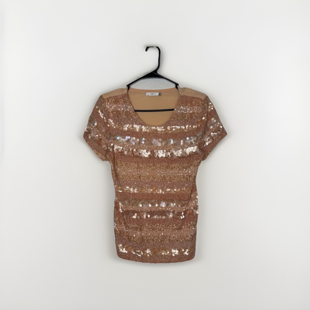 Aje Top Womens 12 Champagne Rose Sequinned Beaded Embellished Top Party